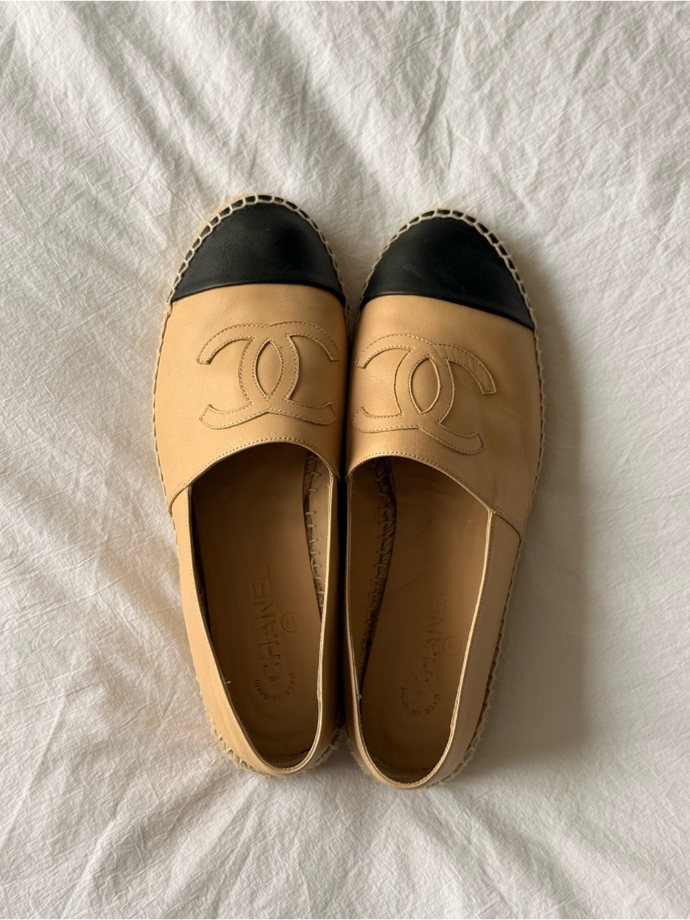 CHANEL Tan and Black Leather Espadrille Flats